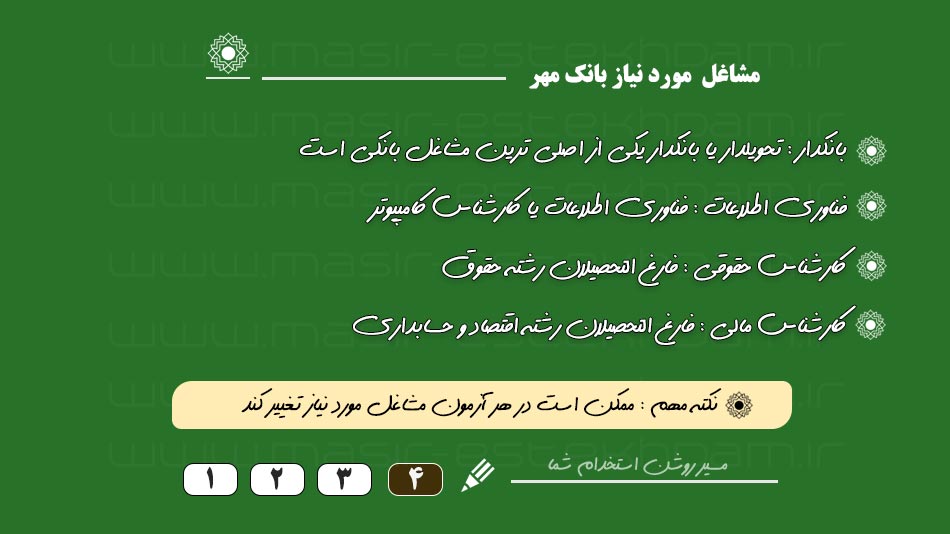 مشاغل مورد نیاز در آزمون استخدامی بانک مهر